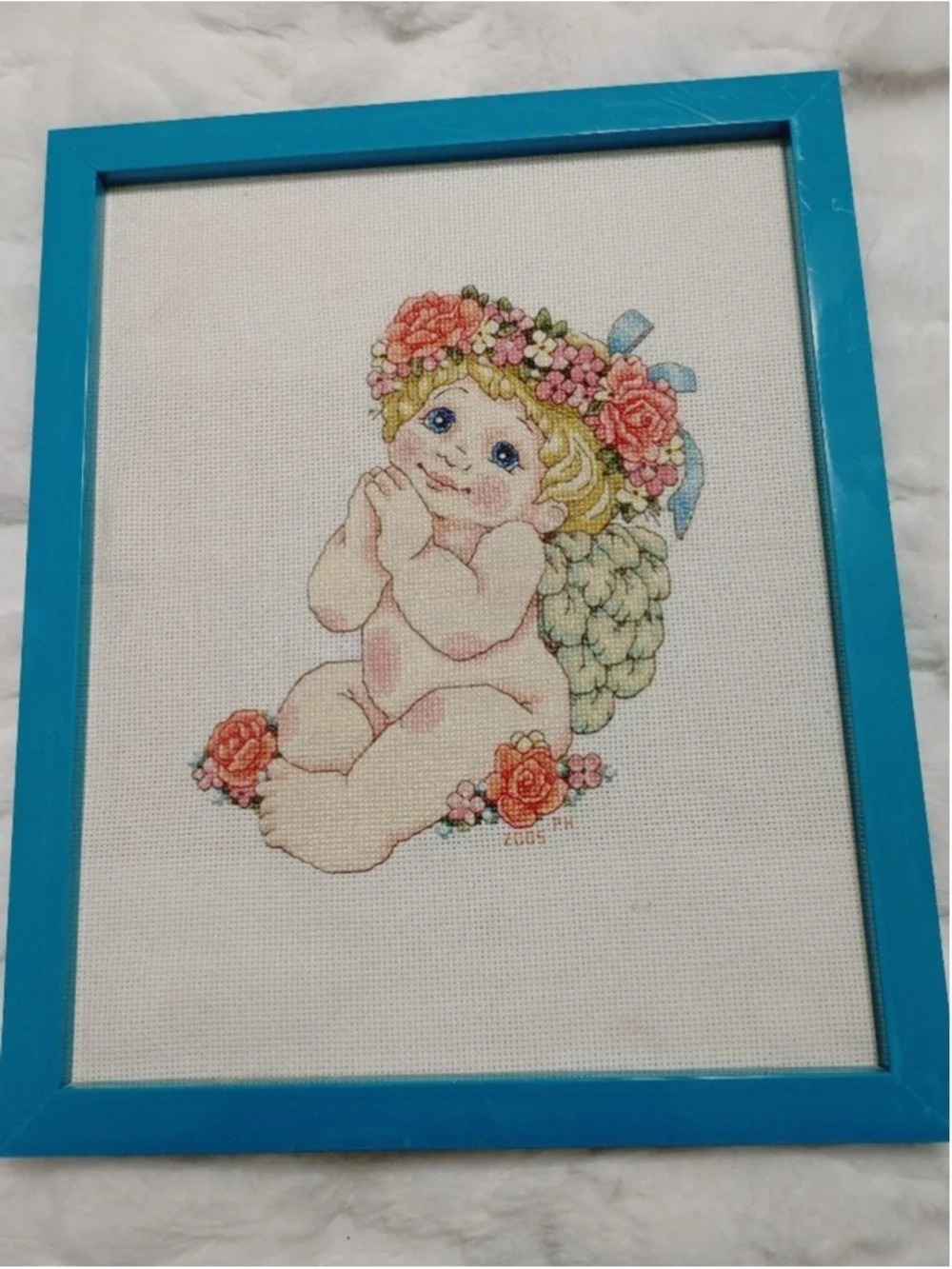 Handmade Blue and White Angel Cherub Cross Stitch Picture Frame 9x11